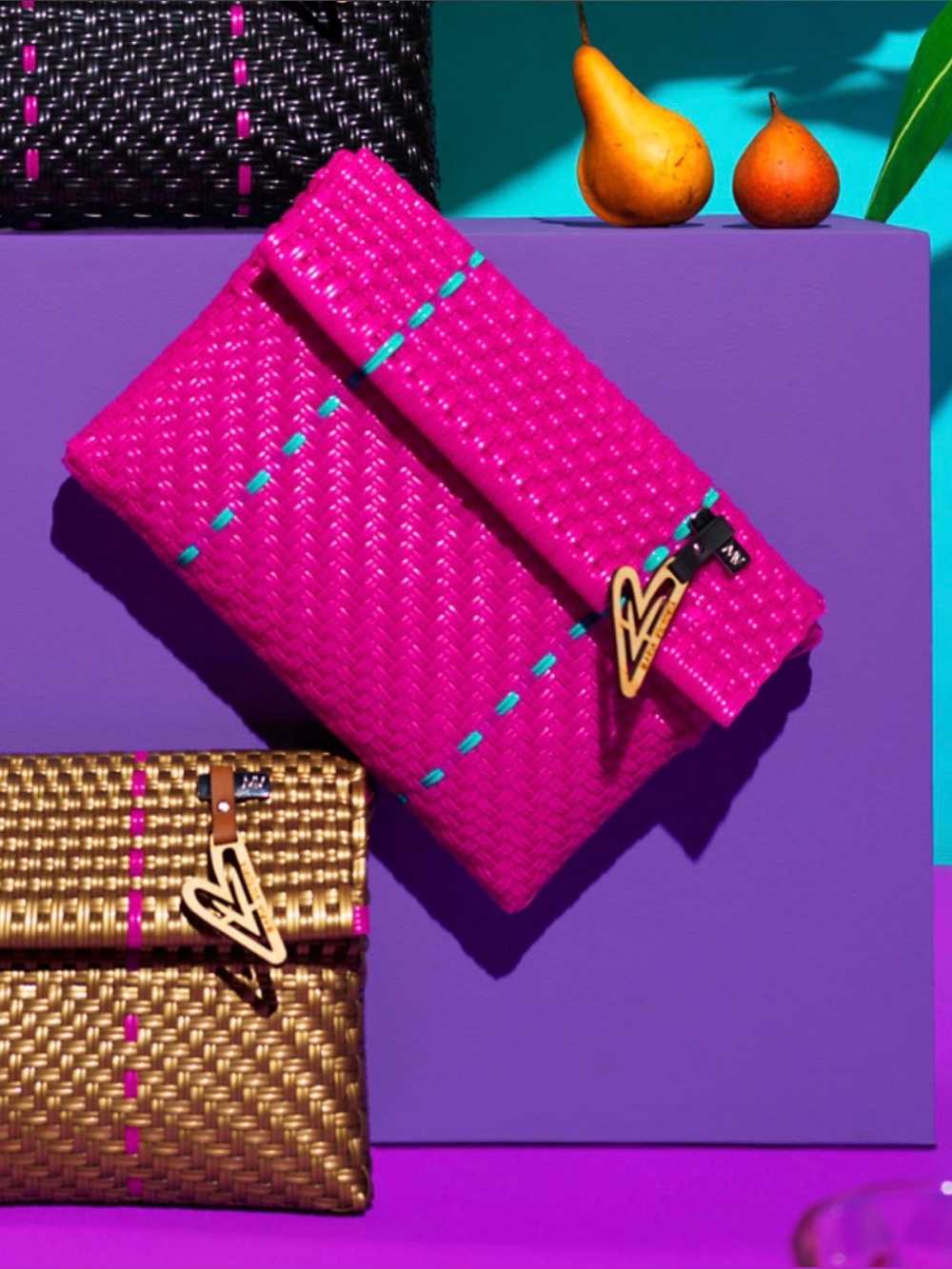 Maria Victoria Pink Woven plastic Clutch with Teal Accents NEW